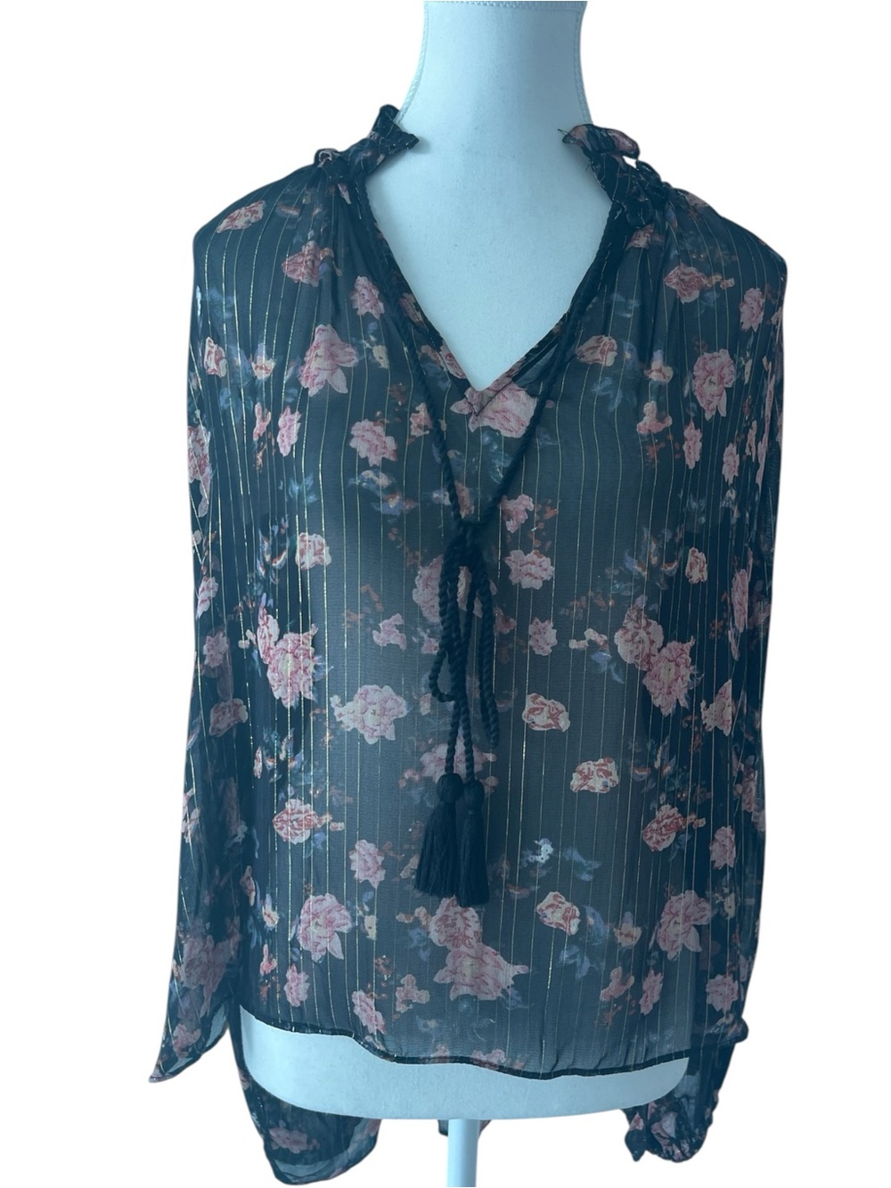 Zara Black Sheer Floral Print Tie-Neck Blouse with Pink Roses Size Small